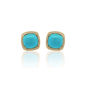 Estate 14K Yellow Gold Cushion Turquoise & Diamond Halo Stud Earrings