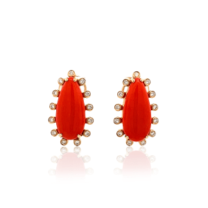 Estate 14K Yellow Gold Pear-Shaped Coral & Diamond Stud Earrings