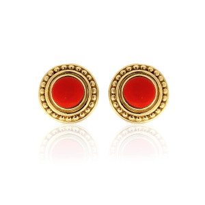 Estate 18K Yellow Gold Round Coral Bezel Frame Judith Ripka Stud Earrings