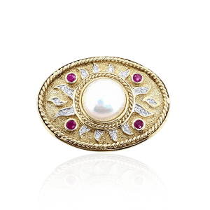 Estate 18K Yellow Mabe Pearl, Ruby, & Diamond Sunburst Brooch
