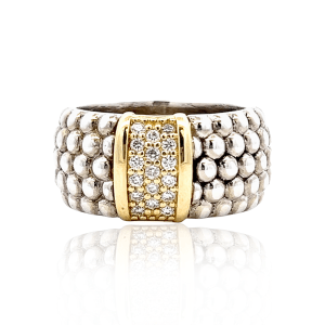 Estate Sterling Silver & 18K Gold Diamond Lagos Caviar Ring