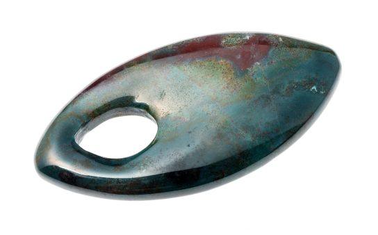 pendant from polished Heliotrope (Bloodstone) stone cutout on white background