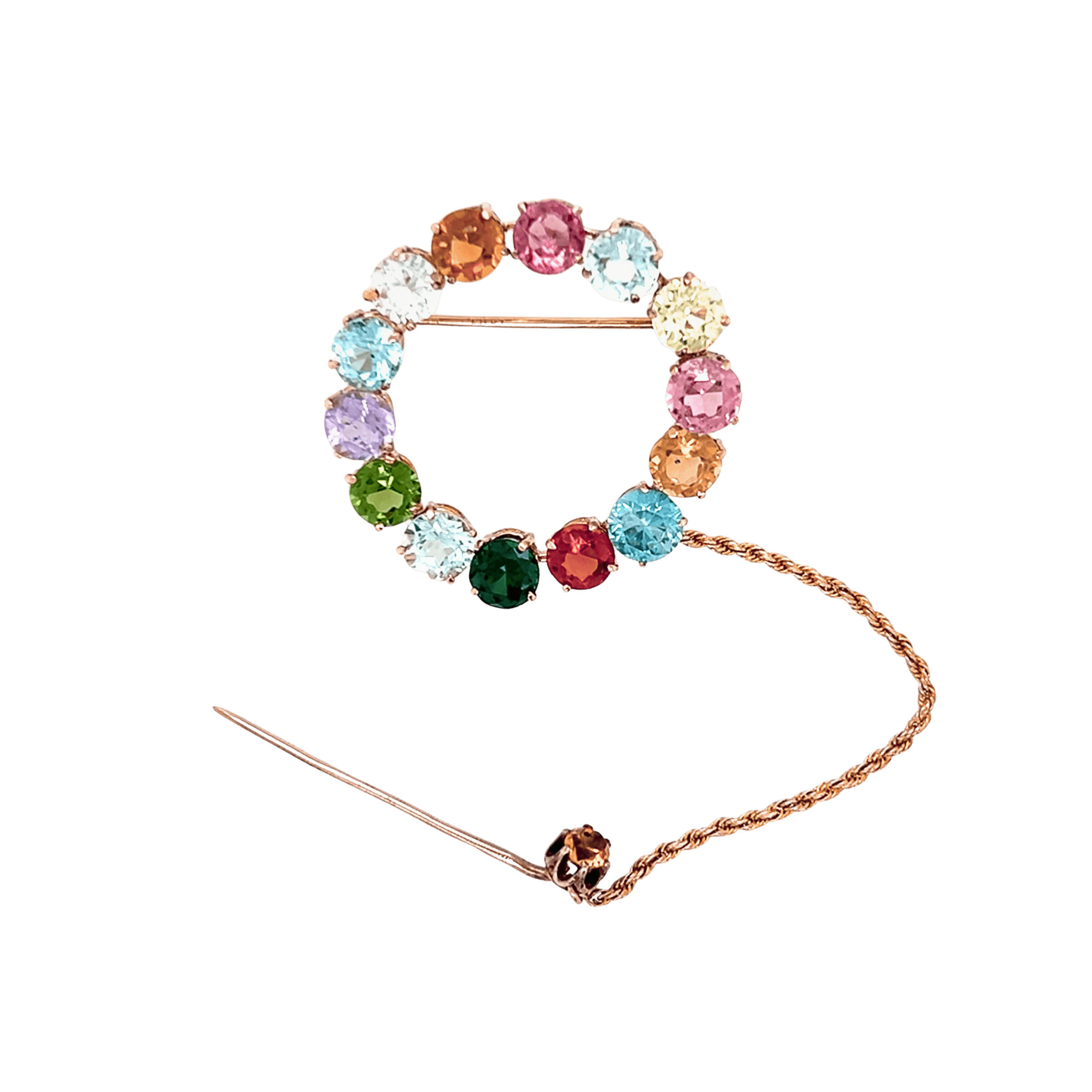 Estate 14K Rose Gold Multi-Gemstone Vintage Circle Brooch