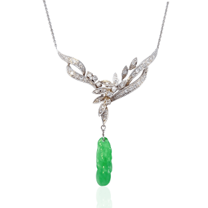 Estate 14K White Gold Carved Jadeite & Diamond Necklace