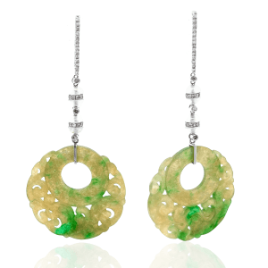 Estate 18K White Gold Carved Jadeite & Diamond Drop Earringshttps