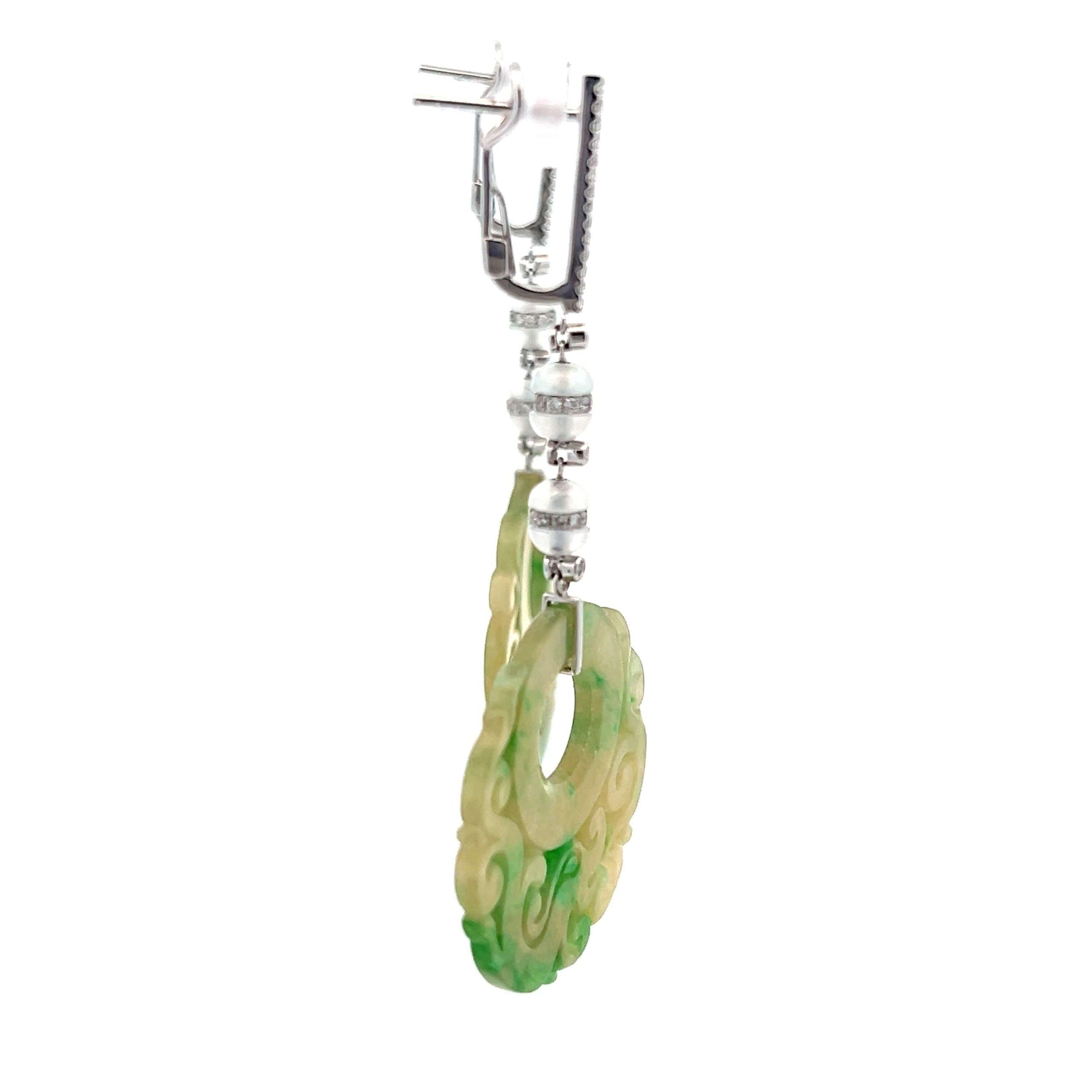 Estate 18K White Gold Carved Jadeite & Diamond Drop Earrings