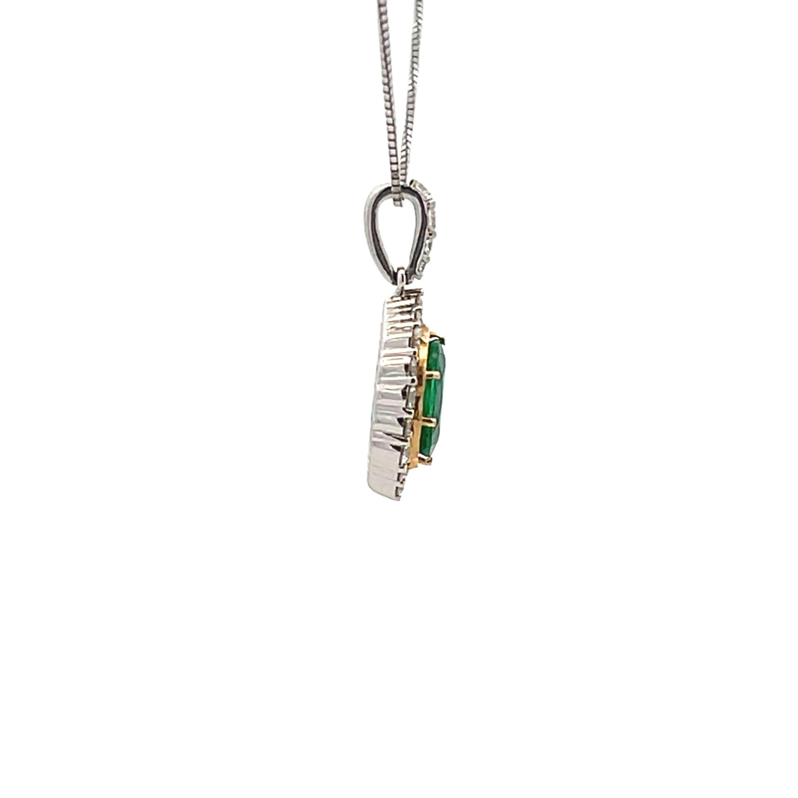 14K Two Tone Gold 7x5MM Oval Emerald & Diamond Halo Pendant Necklace