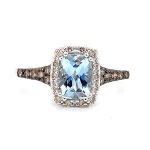 14K White Gold 0.99CTW Cushion Aquamarine & Diamond Halo Ring by Le Vian