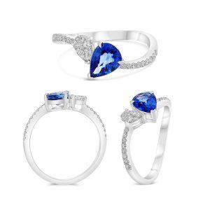 14K White Gold 1.01CTW Pear Blue Sapphire & Diamond Ring
