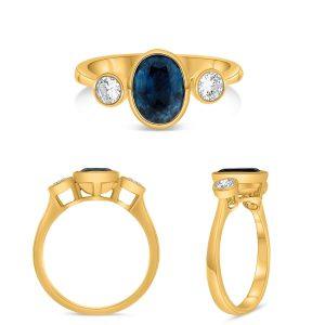 14K Yellow Gold 2.02CTW Blue Sapphire & Diamond Three Stone Bezel Ring